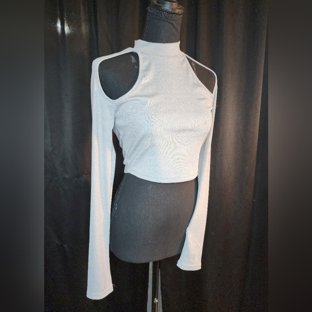 Gray Cropped Mockneck Longsleeve With Cutouts